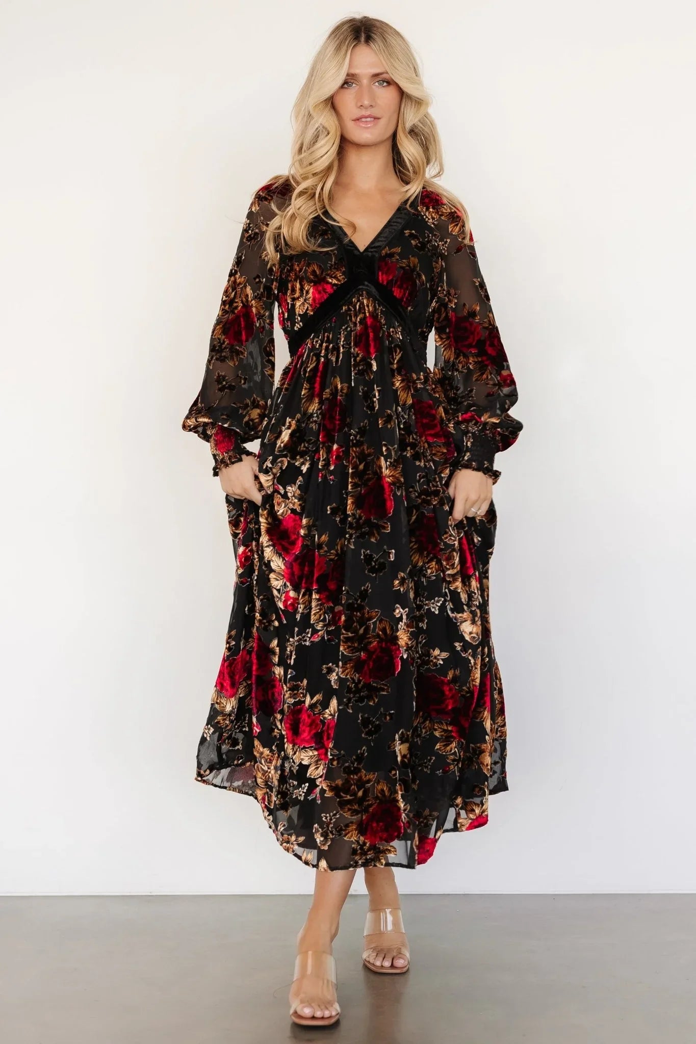 Adele Velvet Dress | Black + Rose Floral