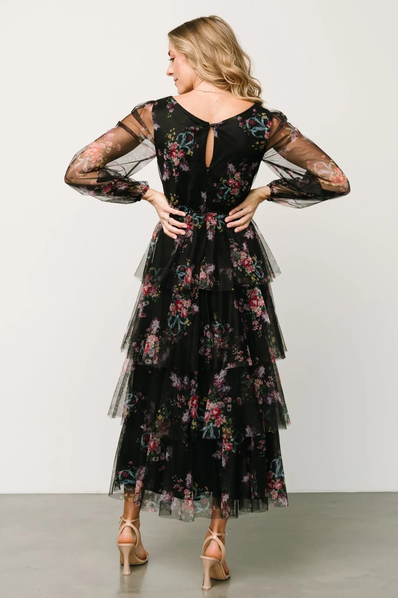 Carolina Tulle Tiered Maxi Dress | Black Floral