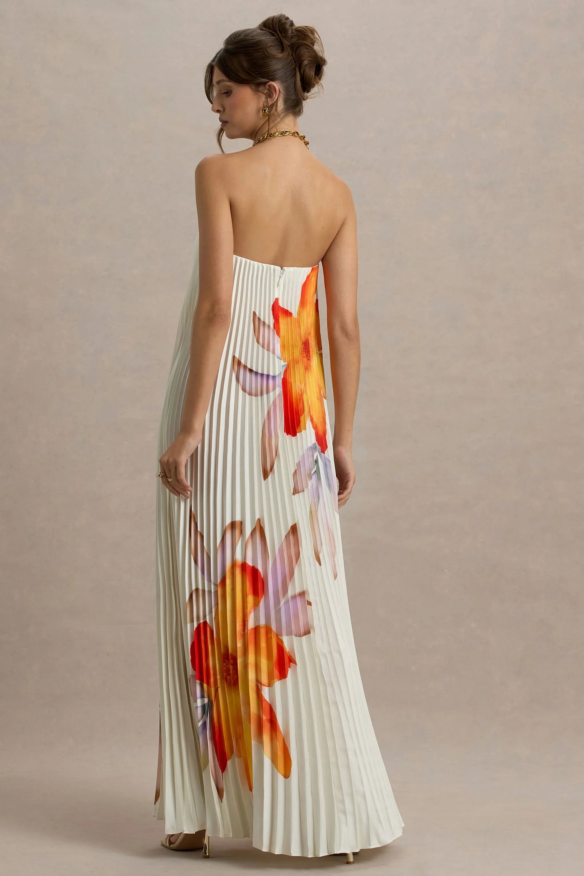 Bergamot | Orange Floral Satin Sweetheart Maxi Dress