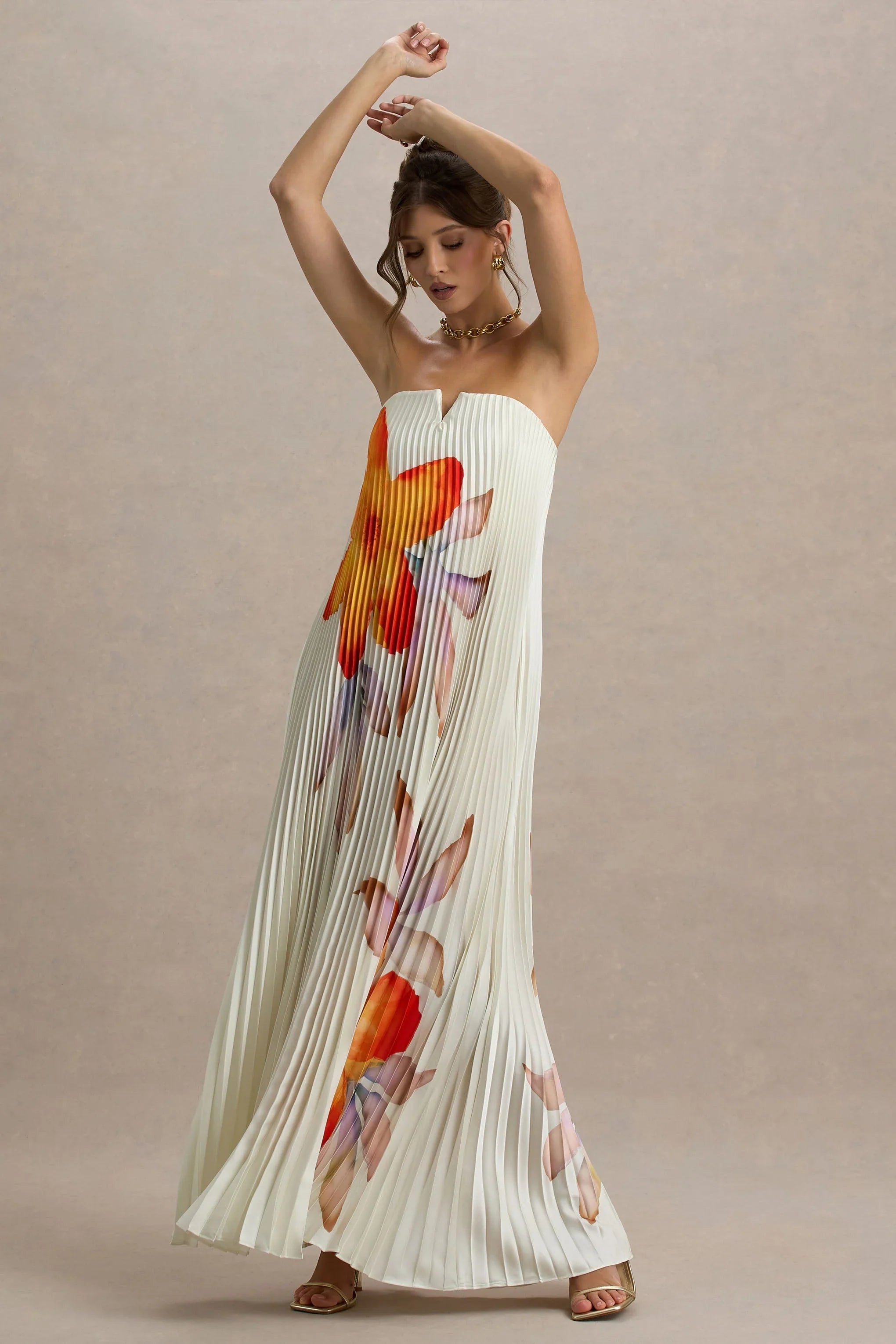 Bergamot | Orange Floral Satin Sweetheart Maxi Dress